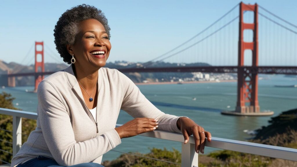 A happy middle-aged woman enjoying a scenic view in the Bay Area